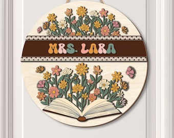 Custom Teacher Door Sign with Name, Floral Classroom Wall Decor, Personalized Wood Round Sign for School, Reading Nook or Office