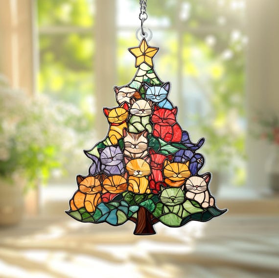 Cat Christmas Tree Window Hanging, Christmas Tree Made of Cats Stained Acrylic Ornament, Christmas Home Decor Cat Art,Gift Cute Home Decor