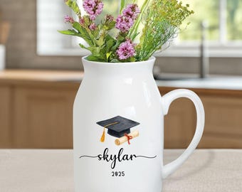 Personalised Graduation Floral Ceramic Vase, Custom Graduation Flower Vase, Class of 2025 Gift, Daughter Grad Gift, College Graduation Gift