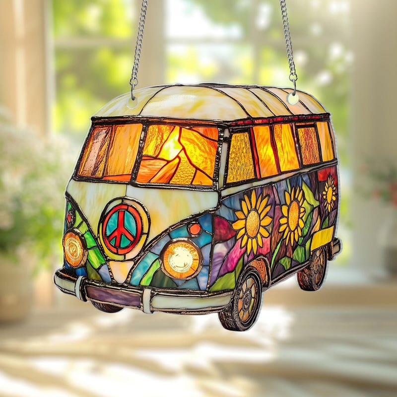 Hippie Music Van Peace Sign Pattern Print Car Sun Shade
