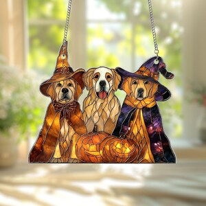 Halloween Dog Acrylic Suncatcher – Cute Acrylic Window Hanging Decor with Pumpkins, Witch Hat And Bowtie – Fall Golden Dog Trio Ornament
