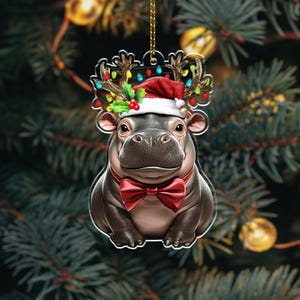 Cute Baby Hippo Moo Deng 2D Flat Ornament, Hippo Rearview Mirror Car Accessories, Hippo Christmas Ornament, Moo Deng Ornament, Pygmy Hippo