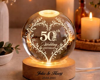 Personalized 50th Anniversary LED Crystal Ball, Golden Anniversary Gift for Couple, Custom Names Tree of Life Light, 50 Years Wedding Gift