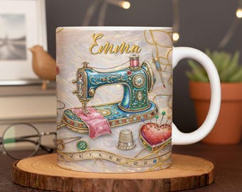 Personalized Sewing 2D FLat not 3D Mug, Custom Name Craft Coffee Cup, Quilting & Sewing Tools Design,Cozy Handmade Aesthetic,Gift for Sewers