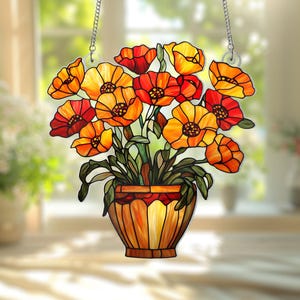 Poppy Flower Red Acrylic Suncatcher, Faux Stained Glass Poppy Hanging, Nature Lover Gift, Floral Gift for Mom and Grandma Nana