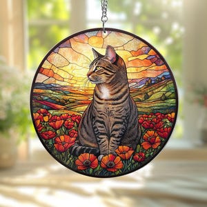 Cat Acrylic Window Suncatcher, Mothers Day Gift For Mom, Poppies Flower Suncatcher, Tabby Cat Hanging Window, Cat Lover Gift, Flowers Field