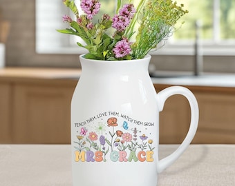 Personalized Teacher Vase, Teacher Appreciation Gift, Thank You for Helping Me Grow Ceramic Vase, Teaching Assistant, Thank you Gift for Her