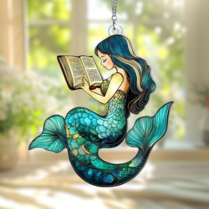 Mermaid Reading Book Acrylic Window Hanging, Mermaid Lovers Gift, Mermaid Stained Glass Home Decor, Kitchen Decor,Mermaid Reading Book Decor