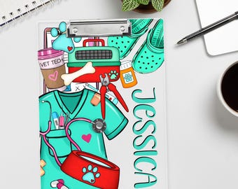 Prancheta personalizada para técnico veterinário - Presente veterinário personalizado para amantes de animais - Prancheta fofa com nome para clínica veterinária ou estudantes