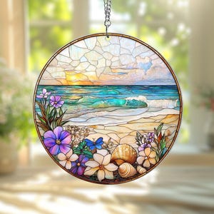 Beach Acrylic Suncatcher, Beach Palm Tree Sunset, Starfish Coastal Window Decor, Summer Lover Gift, Bridesmaid Proposal Bridal Gift