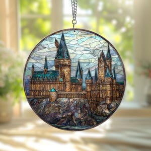 Enchanted Castle ACRYLIC Faux Stained Glass Suncatcher – Wizarding Window Hanging, Magical Decor Gift for Fantasy Lovers