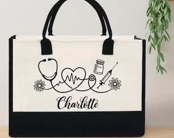 Personalized Nurse Tote Bag with Medical Symbols, Custom Name Nursing Gift, Stethoscope Heartbeat Doctor Healthcare Bag, Gift for her