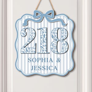 Custom Name and Number Dorm Door Sign, Blue Chinoiserie Dorm Room Wooden Sign for Door, Coquette Dorm Decor, College Girls Dorm,Roomate Sign