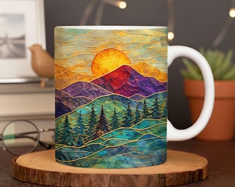 Stained Glass Mountain Mug Watercolor Sunset Ceramic Coffee Cup 11oz or 15oz