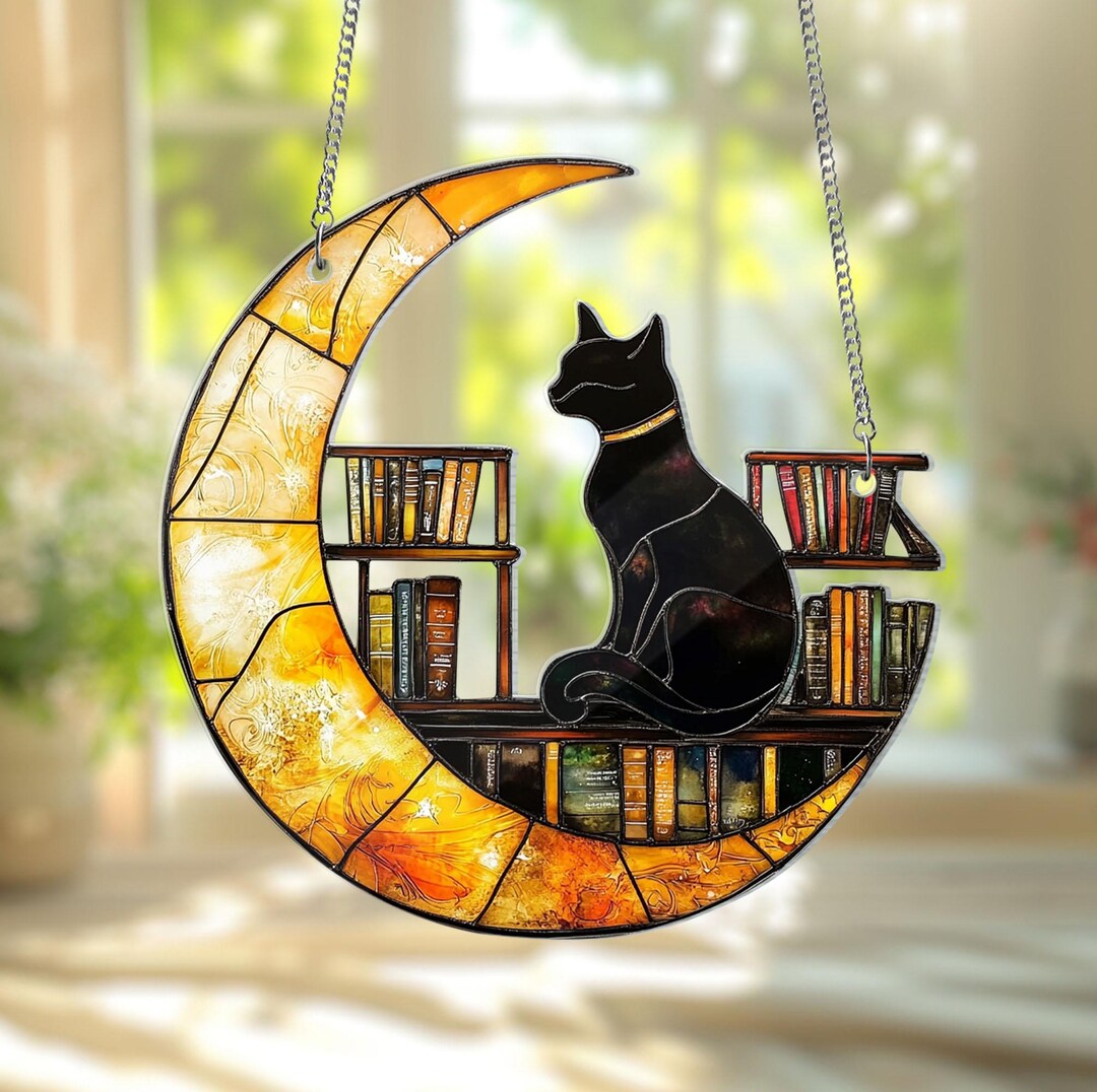 月の上で読書する猫のフェイクアクリルサンキャッチャー - アクリル窓