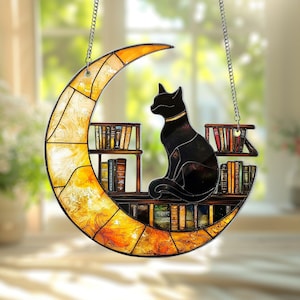 Katze auf dem Mond, Kunstacryl Sonnenfänger, Fensterschmuck, Geschenk für Buchliebhaber, Geschenk für Buchliebhaber