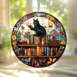 Black Cat And Books Acrylic Suncatcher, Book Window Hanging Decor, Book Lover Gift, Reading Cat, Cat Lover Gift, Librarian Gift For Mom