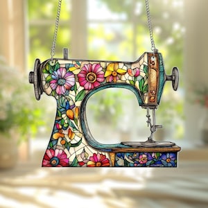 Sewing Machine Suncatcher Ornament, Wild Flower Sewing Machine Window Decor, Perfect Gift for Sewing Lover,Tailor Shop Decor Sewing Ornament