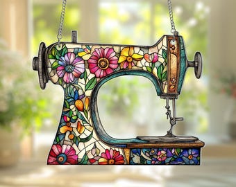 Sewing Machine Suncatcher Ornament, Wild Flower Sewing Machine Window Decor, Perfect Gift for Sewing Lover,Tailor Shop Decor Sewing Ornament