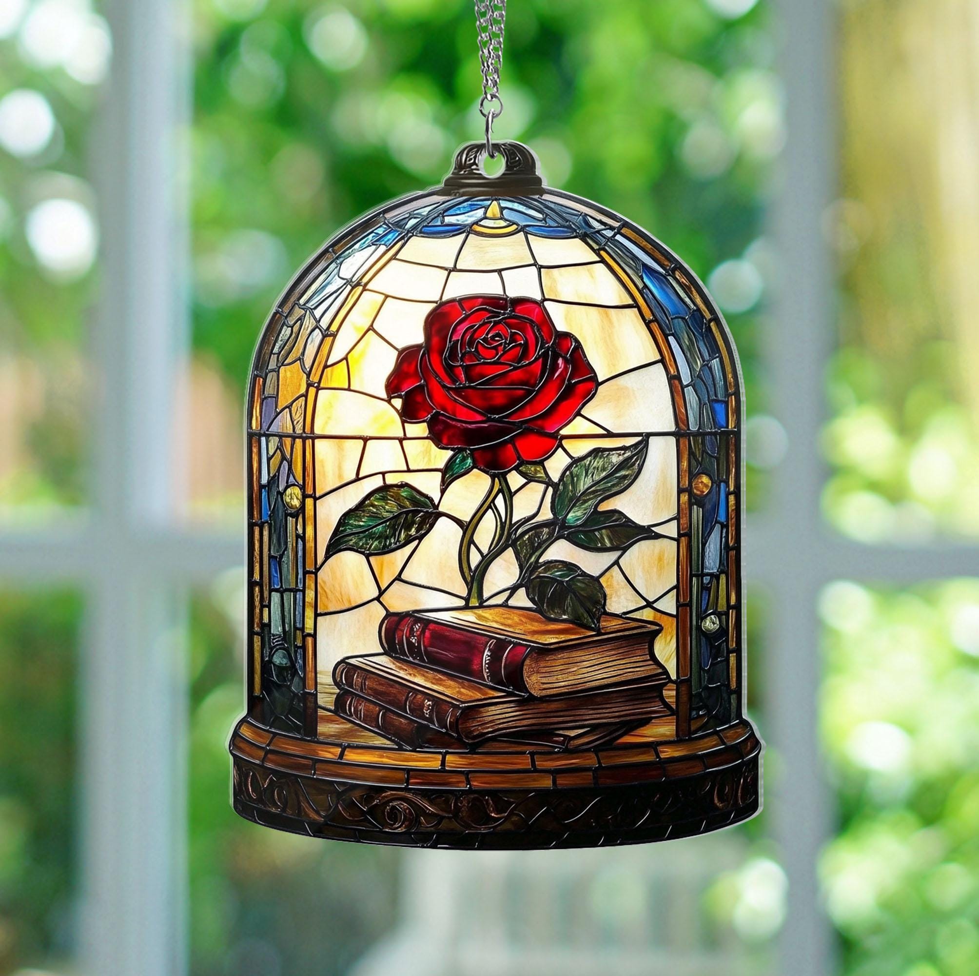 深紅バラ ステンドグラスパネル 薔薇 サンキャッチャー ブラインド 深紅バラ ステンドグラスパネル 薔薇 サンキャッチャー ブラインド