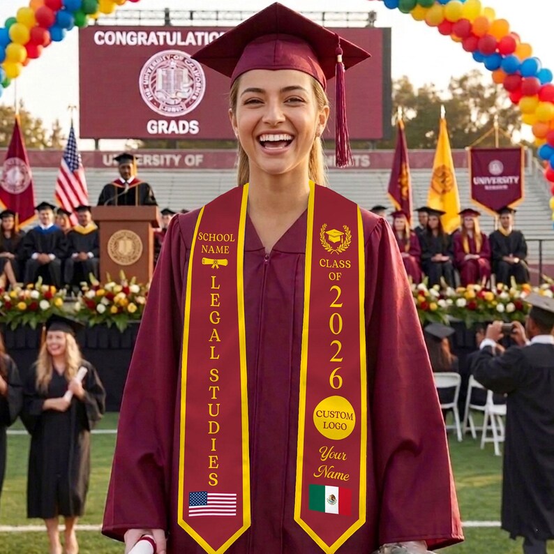 Custom Two Flag Graduation Stole, Satin Graduation Sash With Name Year ...