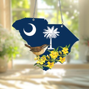 South Carolina Acrylic Window Hanging Suncatcher, Yellow Jessamine, Carolina Wren, South Carolina Wren Suncatcher, US South Carolina States