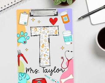 Prancheta personalizada para técnico veterinário - Presente veterinário personalizado para amantes de animais - Prancheta fofa com nome para clínica veterinária ou estudantes