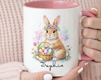 Custom Easter Rabbit Accent Mug, Bunny Egg Floral Coffee Cup, Hoppy Easter Day Gift, Personalized Mother's Day Gift Mug