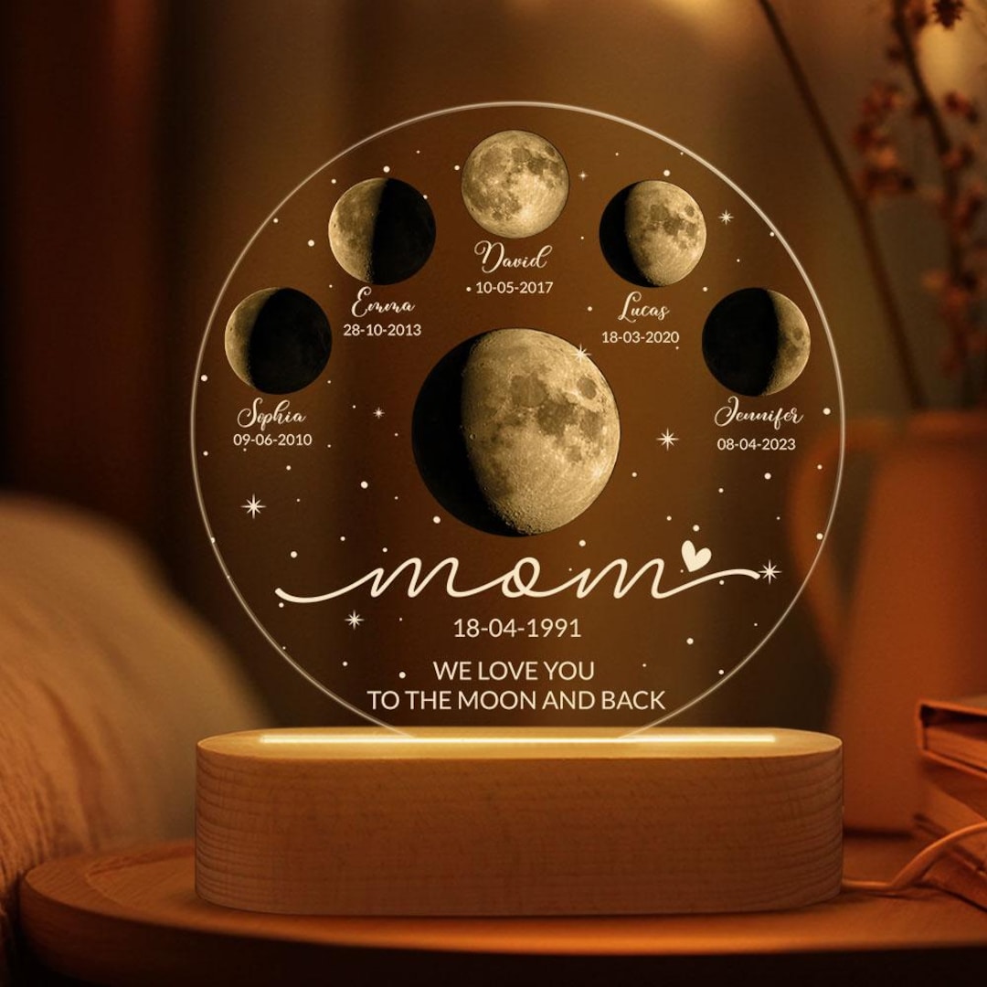 Personalized Moon Phase LED Night Light, Custom Lunar by Date
