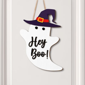 Gespenst Türschild | Halloween Türschild | Hey Boo Geist Türschild | Haustür Dekor | Türschild aus Holz | Kürbis Herbst Türschild