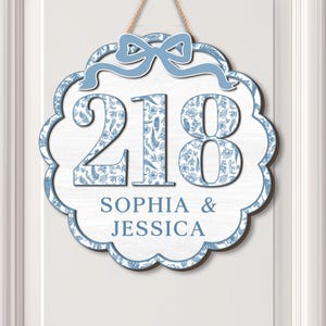 Custom Name and Number Dorm Door Sign, Blue Chinoiserie Dorm Room Wooden Sign for Door, Coquette Dorm Decor, College Girls Dorm,Roomate Sign