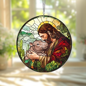 Jesus Moo Deng Christmas Ornament Gift, Jesus Loves Moo Deng, Baby Hippo Acrylic Window Hanging, Pygmy Hippo, Moo Deng Lover, Moo Deng Memes