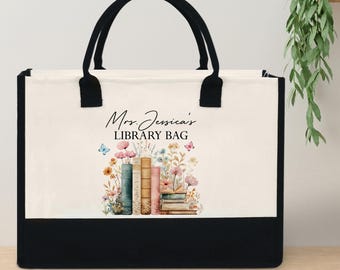 Personalized Library Tote Bag, Custom Name Book Bag for Kids, Teachers, Bookworm, Cute Canvas Reading Tote Gift Idea, Gift for Book Lover