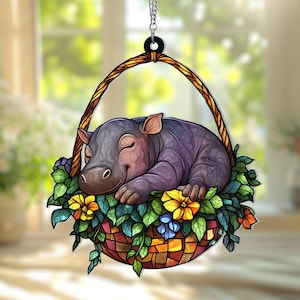 Moo Deng In Monstera Plant Pot window hanging Decor, Baby Hippo Ornament, Pygmy Hippo Acrylic Hanging, Moo Deng Lover, Moo Deng Memes