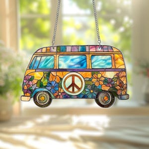Colorful 70s Hippie Van Faux Acrylic Window Hanging Suncatcher, Hippie Peace Sign Acrylic Window Hanging,Retro Flower Power Bus Hippie Decor