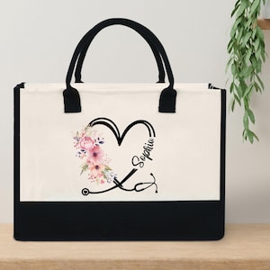 Krankenschwester Stethoskop Floral Herz Tote Benutzerdefinierte Name Personalisierte Baumwolle Canvas Tragetasche Krankenschwester Geschenk zukünftige KrankenpflegeStudenten Abschlussgeschenk
