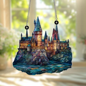 Enchanted Castle ACRYLIC Faux Stained Glass Suncatcher – Wizarding Window Hanging, Magical Decor Gift for Fantasy Lovers