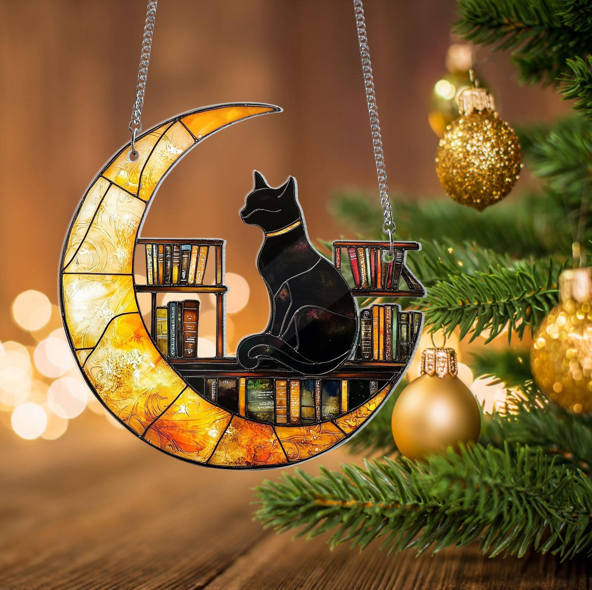 月の上で読書する猫のフェイクアクリルサンキャッチャー - アクリル窓