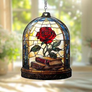 Atrapasueños acrílico de La Bella y la Bestia, rosa de vitral falso para ventana, regalo para lectores, amantes de los libros, estantería