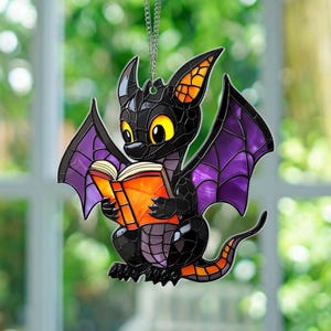 Reading Book Dragon Acrylic Window Hanging Ornament, Fantasy Dragon Window Hanging, Dragon Wall Window Hanging,Decoration,Bookish Home Decor