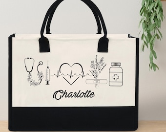 Personalized Nurse Tote Bag with Medical Symbols, Custom Name Nursing Gift, Stethoscope Heartbeat Doctor Healthcare Bag, Gift for her