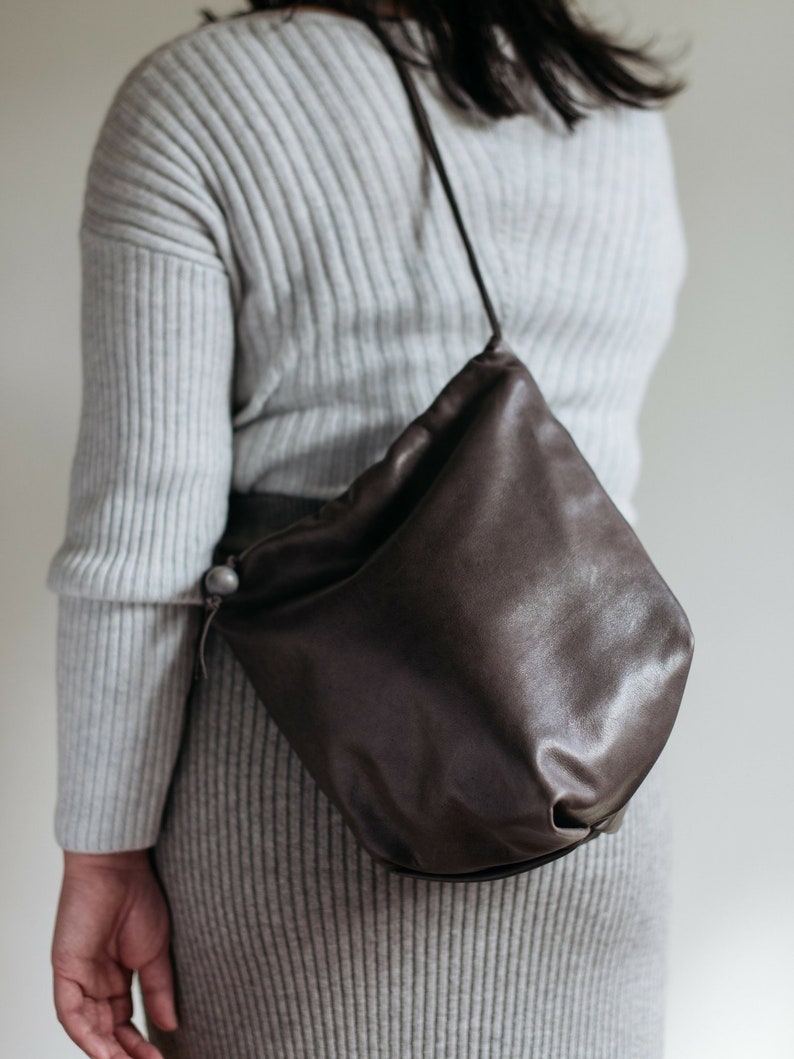 Matte Grey Leather Shoulder Bag with Knotted Strap Pinwheel Etsy