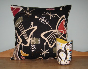Funda de cojín retro Barkcloth - Atomic Boomerangs Noir, cojín decorativo retro de mediados de siglo