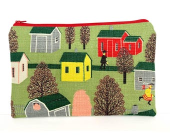 Bolso con cremallera de tela de corteza, bolso Grandma Moses, bolso con cremallera grande, diseño primitivo, original, de tela vintage, años 40 y 50