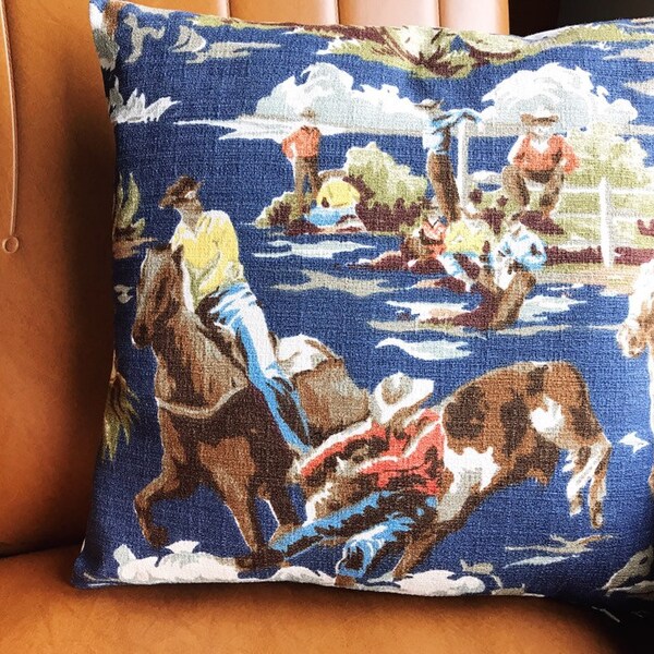 Vintage Cowboy Barkcloth Fabric Cushion - 50's Western Cowboys Design Wild West