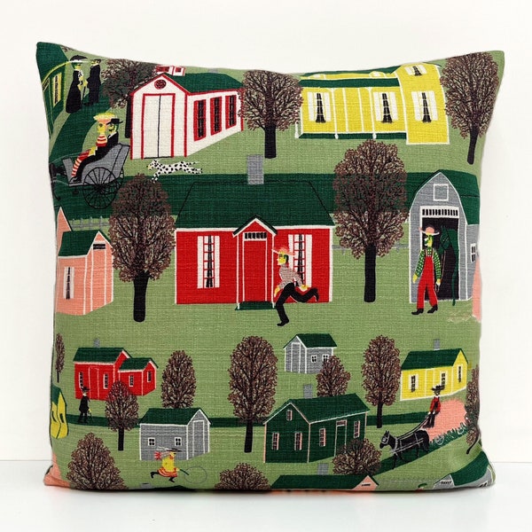 Grandma Moses style Vintage 50s Fabric Primitive Farm Cushion Cover Pillow Horse Farmer Lady