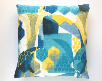 Coussin vintage en tissu d'écorce, motif géométrique abstrait bleu et jaune des années 50