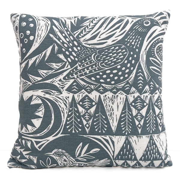 Mark Hearld Cushion Cover “Bird Garden” St Jude’s linen fabric cushion - blue/grey