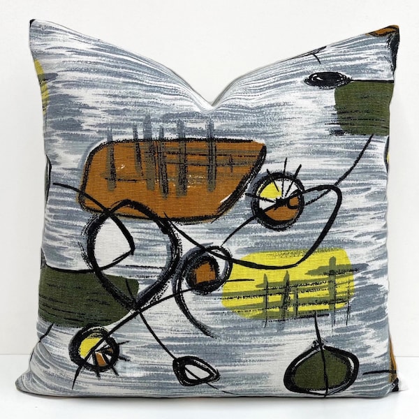 Vintage Fabric Cushion Pillow Abstract Atomic Mid Century Cushion Grey Yellow