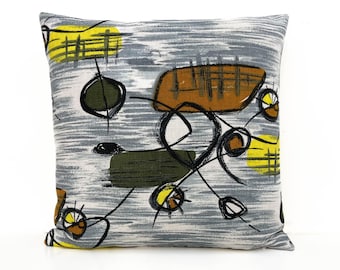 Coussin original en tissu abstrait atomique coussin Mid Century gris jaune
